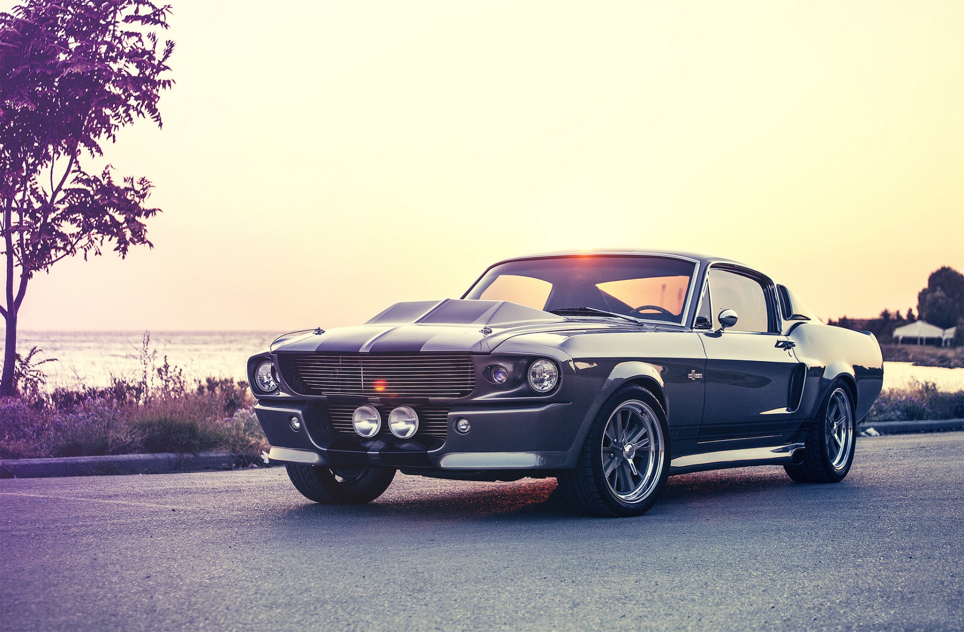 HD PC desktop wallpaper featuring a classic Ford Mustang Shelby Cobra GT 500 parked on a scenic road at sunset.