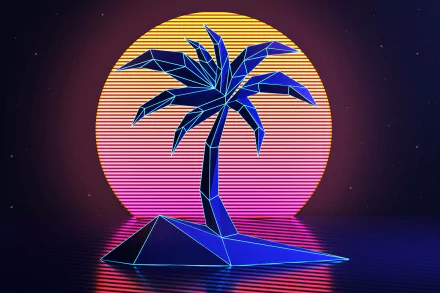 Artistic retro HD PC desktop wallpaper/background: neon synthwave scene of a geometric palm on a tiny island reflected on water beneath a striped sunset.