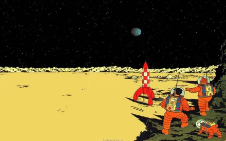 HD PC desktop wallpaper from The Adventures of Tintin: two astronauts and a dog in orange suits on a moonlike plain beside a red rocket under a starry black sky