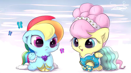 Charming HD wallpaper featuring chibi versions of Fluttershy and Rainbow Dash from *My Little Pony: Friendship Is Magic*, surrounded by butterflies in a whimsical setting.