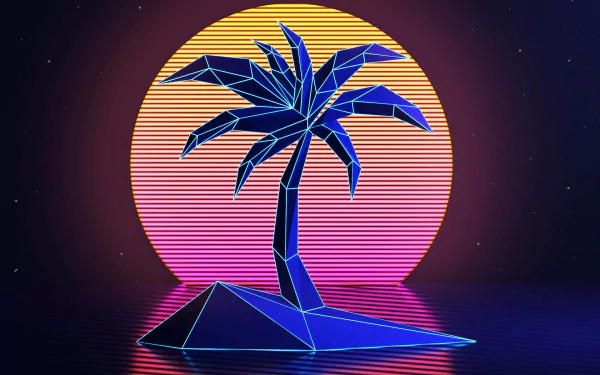 Artistic retro HD PC desktop wallpaper/background: neon synthwave scene of a geometric palm on a tiny island reflected on water beneath a striped sunset.