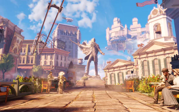 4K Ultra HD PC desktop wallpaper featuring a vibrant scene from the video game Bioshock Infinite, showcasing its detailed cityscape and iconic statue under a bright sky.