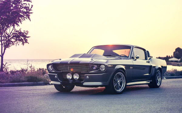 HD PC desktop wallpaper featuring a classic Ford Mustang Shelby Cobra GT 500 parked on a scenic road at sunset.