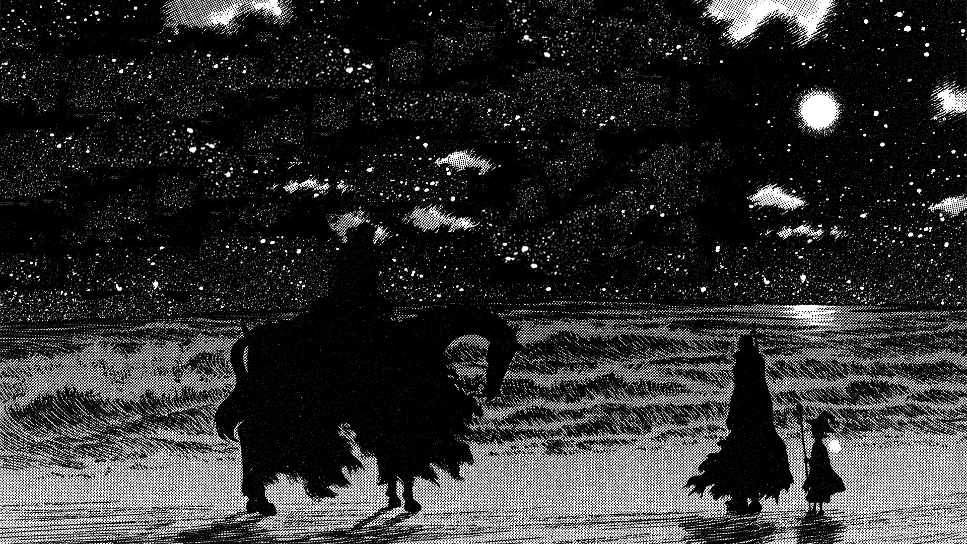 A striking HD wallpaper from the anime Berserk, featuring silhouetted figures against a starry night, evoking a sense of adventure and contemplation by the sea.