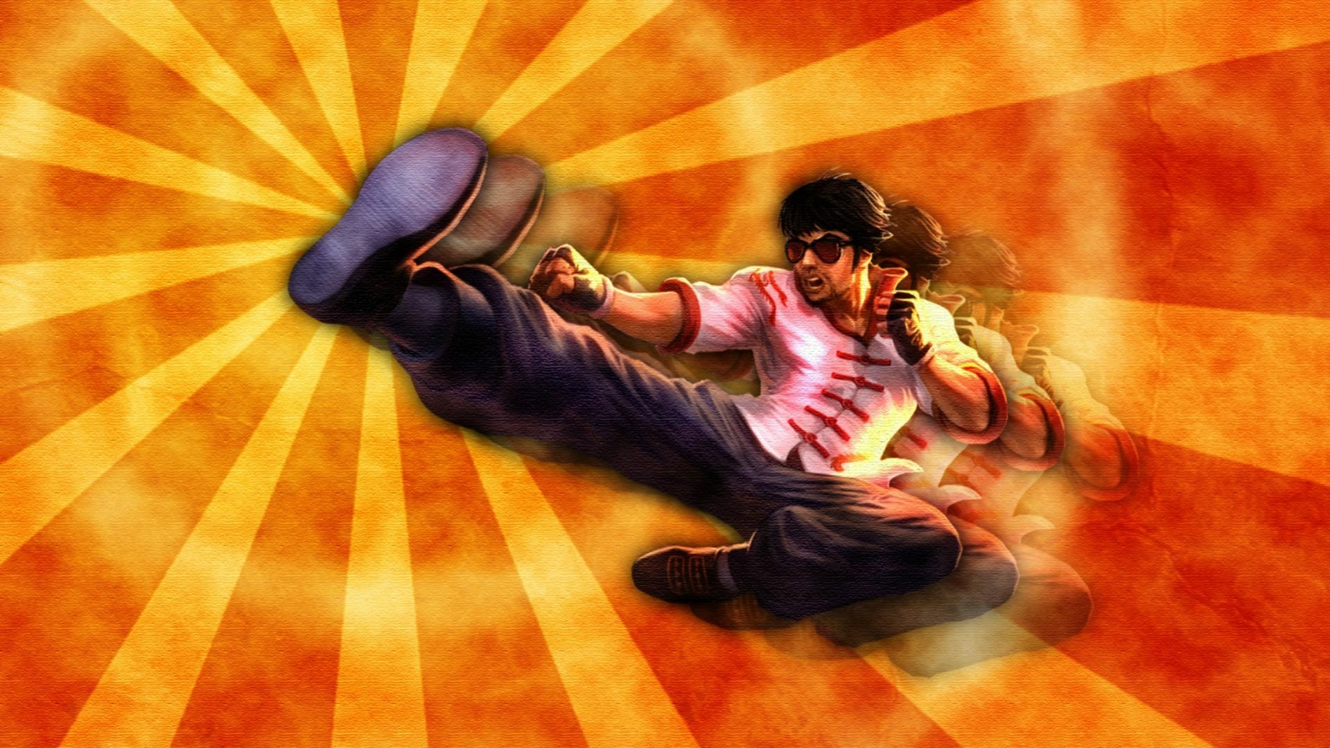 HD PC desktop wallpaper featuring Lee Sin from League of Legends delivering a powerful flying kick with an orange sunburst background.