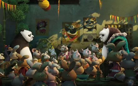 HD desktop wallpaper featuring Po from Kung Fu Panda 3. The scene shows Po and another panda in a festive setting surrounded by rabbits and colorful decorations. Vibrant and lively background.