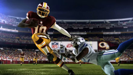 HD desktop wallpaper from Madden NFL 16 featuring an intense in-game moment with a player dodging a tackle.