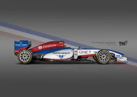 HD desktop wallpaper featuring a Marussia F1 Team car from the 2015 season, displayed on a sleek gradient background.