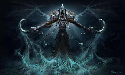 Malthael from Diablo III stands ominously, shrouded in dark mist and surrounded by skulls, in this striking 8K Ultra HD wallpaper for fans of Diablo III: Reaper of Souls.