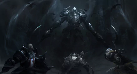 HD Diablo III: Reaper of Souls wallpaper featuring characters Monk, Barbarian, Crusader, and the antagonist Malthael in a dark, ominous setting.