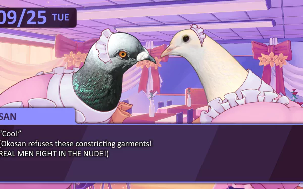 HD desktop wallpaper from Hatoful Boyfriend featuring two pigeons in a colorful anime-style classroom setting.