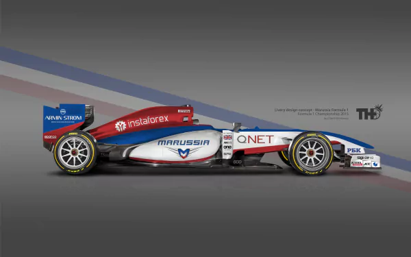 HD desktop wallpaper featuring a Marussia F1 Team car from the 2015 season, displayed on a sleek gradient background.