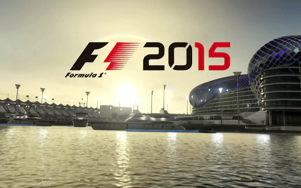 HD desktop wallpaper featuring F1 2015 logo with a sunset backdrop over a waterfront and futuristic architecture.