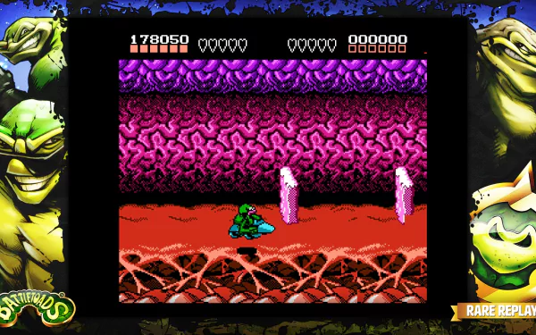 HD desktop wallpaper featuring a Battletoads game level from Rare Replay with scores and lives displayed on top.