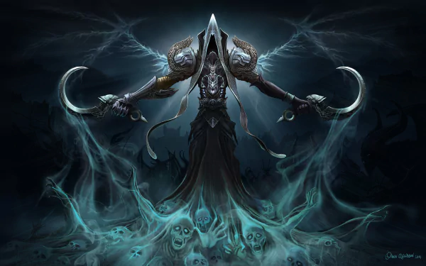 Malthael from Diablo III stands ominously, shrouded in dark mist and surrounded by skulls, in this striking 8K Ultra HD wallpaper for fans of Diablo III: Reaper of Souls.