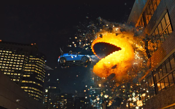 A dynamic pixel art scene from a Pac-Man movie, featuring a blue car soaring towards a massive, vibrant Pac-Man character against a nighttime city backdrop.