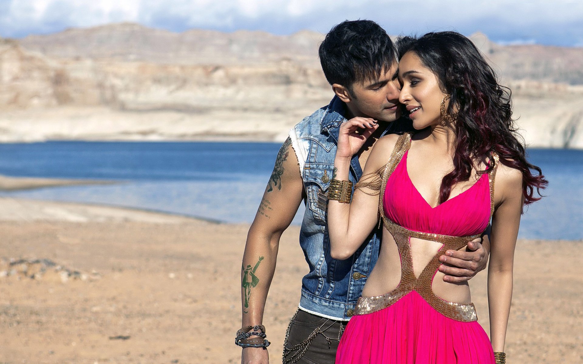 Shraddha Kapoor and Varun Dhawan share an intimate moment against a scenic backdrop in this HD wallpaper from the movie ABCD 2.