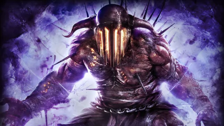 A powerful depiction of Hades from God of War: Ascension, featuring a muscular figure with a dark helmet and spikes, set against a vibrant, mystical background. HD PC desktop wallpaper.