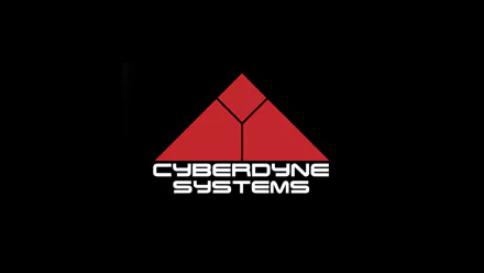 A striking HD PC desktop wallpaper featuring the iconic logo of Cyberdyne Systems from the movie The Terminator, set against a sleek black background.