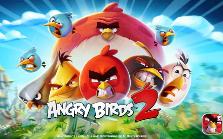 HD PC desktop wallpaper featuring vibrant characters from the video game Angry Birds 2 against a bright blue sky background.