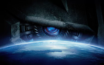 HD PC desktop wallpaper featuring a close-up of a Transformers movie robot eye overlooking Earth from space.