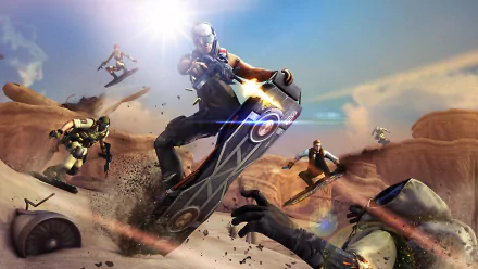 High-definition desktop wallpaper of the video game CrossFire, featuring intense action with characters on hoverboards in a desert setting, showcasing dynamic movement and vibrant colors.
