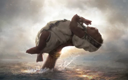 Baahubali: The Beginning 2K Quad HD PC desktop wallpaper of a baby lifted above rippling water, dramatic stormy clouds and golden light breaking through.