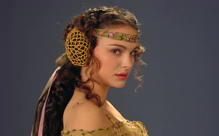 A striking HD desktop wallpaper featuring Natalie Portman. She gazes confidently, adorned with intricate hair accessories and a beautifully detailed outfit against a muted background.