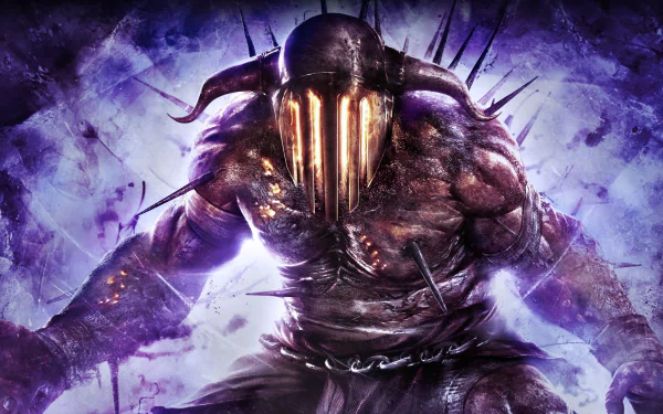 A powerful depiction of Hades from God of War: Ascension, featuring a muscular figure with a dark helmet and spikes, set against a vibrant, mystical background. HD PC desktop wallpaper.