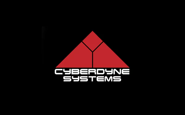 A striking HD PC desktop wallpaper featuring the iconic logo of Cyberdyne Systems from the movie The Terminator, set against a sleek black background.