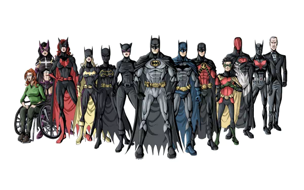 A vibrant comic-style image featuring a lineup of Batman characters, including various Batmans, Batgirls, and allies, designed as a high-definition PC desktop wallpaper.