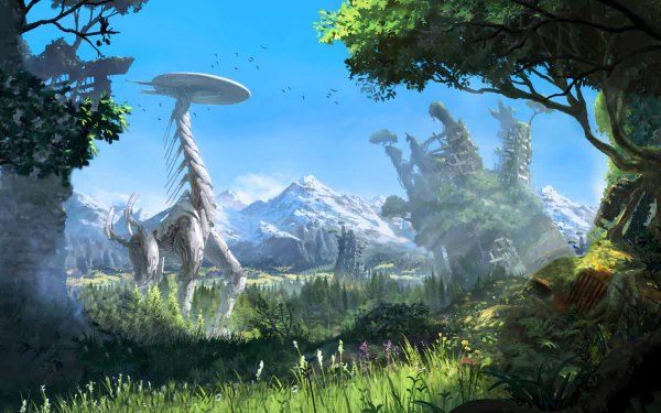 A stunning HD desktop wallpaper from the video game Horizon Zero Dawn, featuring futuristic robotic creatures set against a lush, vibrant landscape with mountains in the background.