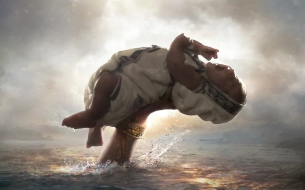 Baahubali: The Beginning 2K Quad HD PC desktop wallpaper of a baby lifted above rippling water, dramatic stormy clouds and golden light breaking through.