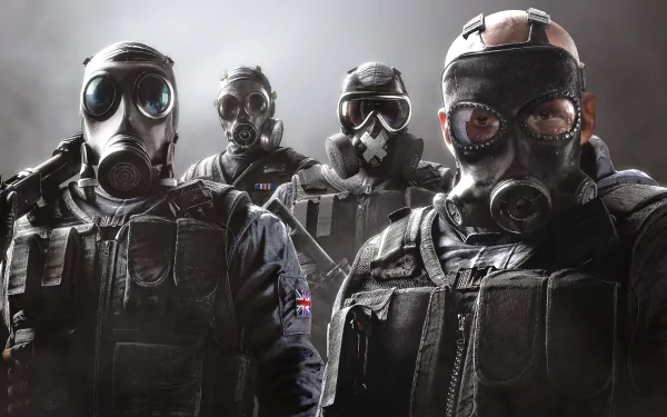 High-definition wallpaper featuring characters Thatcher, Mute, Smoke, and Sledge from Tom Clancy's Rainbow Six: Siege, all wearing tactical gear and gas masks.