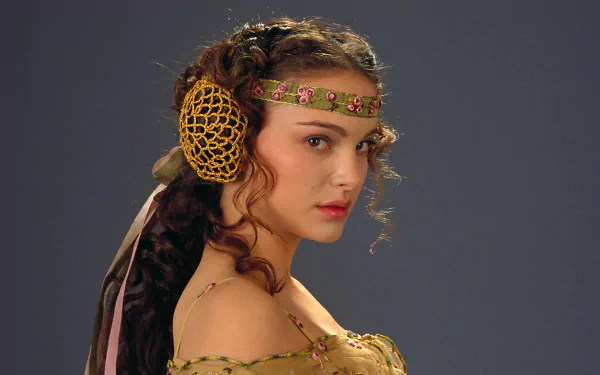 A striking HD desktop wallpaper featuring Natalie Portman. She gazes confidently, adorned with intricate hair accessories and a beautifully detailed outfit against a muted background.