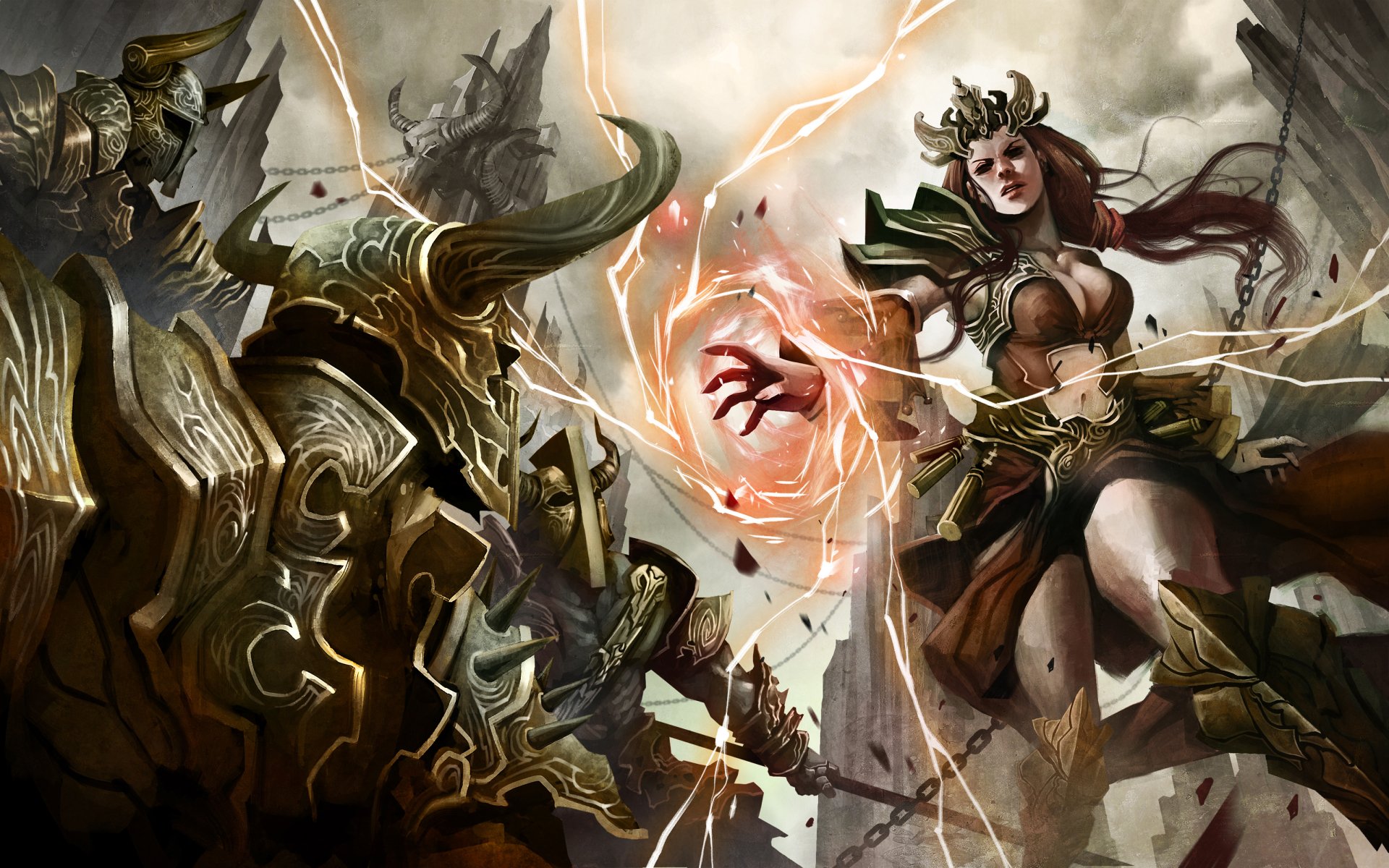 Female Diablo III wizard hurls crackling arcane energy at armored foes amid lightning and ruins — 2K Quad HD PC desktop wallpaper/background from the video game.