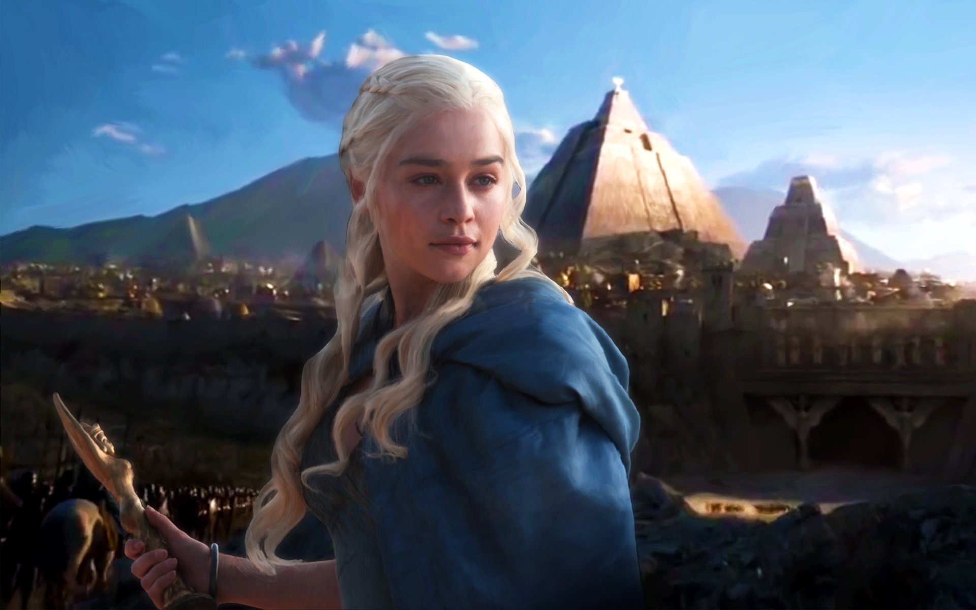 HD desktop wallpaper featuring Emilia Clarke as Daenerys Targaryen from the TV show Game of Thrones, with a dramatic backdrop of pyramids and an evening sky.

