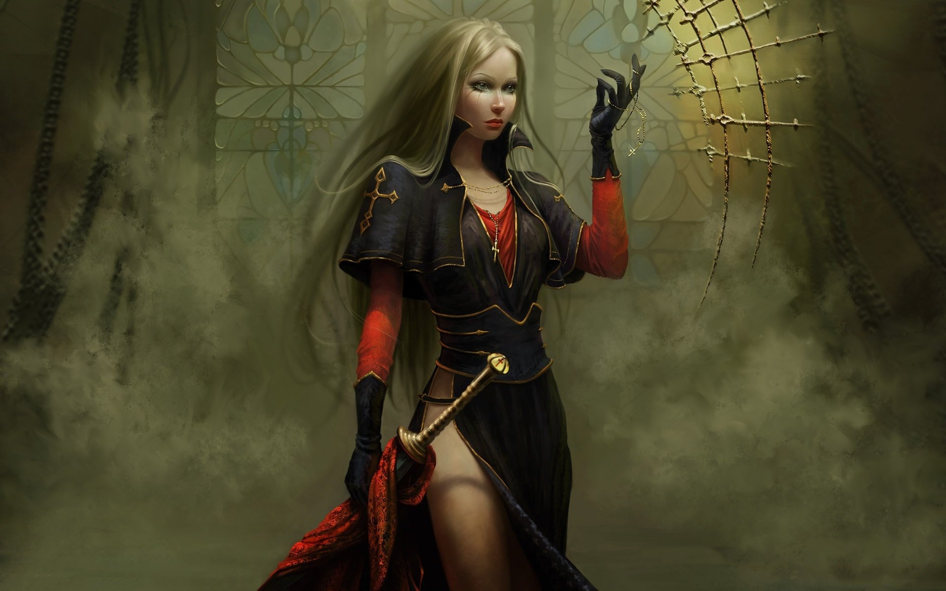 A blonde woman warrior stands confidently in a gothic setting, wielding a sword. Dressed in dark attire, she embodies the essence of a fantasy warrior. HD desktop wallpaper.