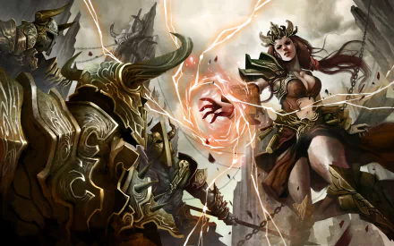 Female Diablo III wizard hurls crackling arcane energy at armored foes amid lightning and ruins — 2K Quad HD PC desktop wallpaper/background from the video game.