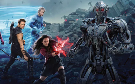 HD desktop wallpaper featuring characters from Avengers: Age of Ultron, including Quicksilver, Scarlet Witch, Hawkeye, and Ultron amidst a battle scene. Tags include Aaron Taylor-Johnson, Elizabeth Olsen, and Jeremy Renner.