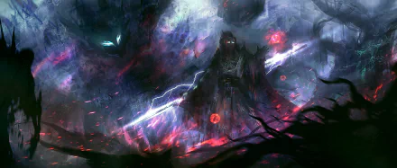 A dark, ethereal Wizard from Diablo III wields glowing magic in a stormy, shadow-filled landscape in this 4K Ultra HD PC desktop wallpaper.