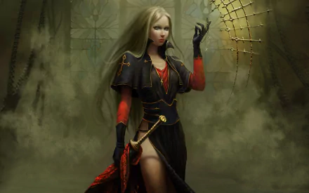 A blonde woman warrior stands confidently in a gothic setting, wielding a sword. Dressed in dark attire, she embodies the essence of a fantasy warrior. HD desktop wallpaper.