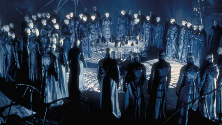 Dark City movie HD PC desktop wallpaper: shadowy robed figures encircle a glowing circular platform in a cold, noir sci‑fi city interior.