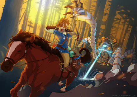 A vibrant HD wallpaper from The Legend of Zelda: Breath of the Wild, featuring Link on horseback engaging in an epic battle amidst a lush forest setting.
