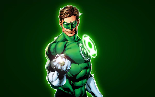 HD PC desktop wallpaper featuring Hal Jordan as Green Lantern from DC Comics, glowing with his iconic green power ring against a dark green background.