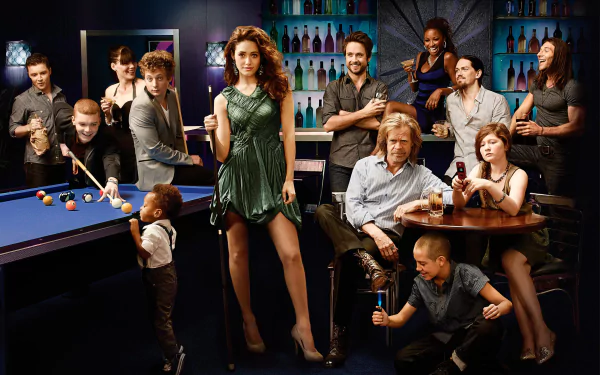 2K Quad HD PC wallpaper: ensemble of Shameless TV show characters posing in a dim bar around a pool table with drinks.