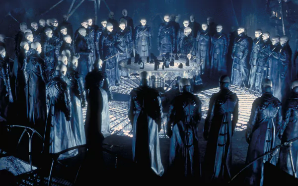 Dark City movie HD PC desktop wallpaper: shadowy robed figures encircle a glowing circular platform in a cold, noir sci‑fi city interior.