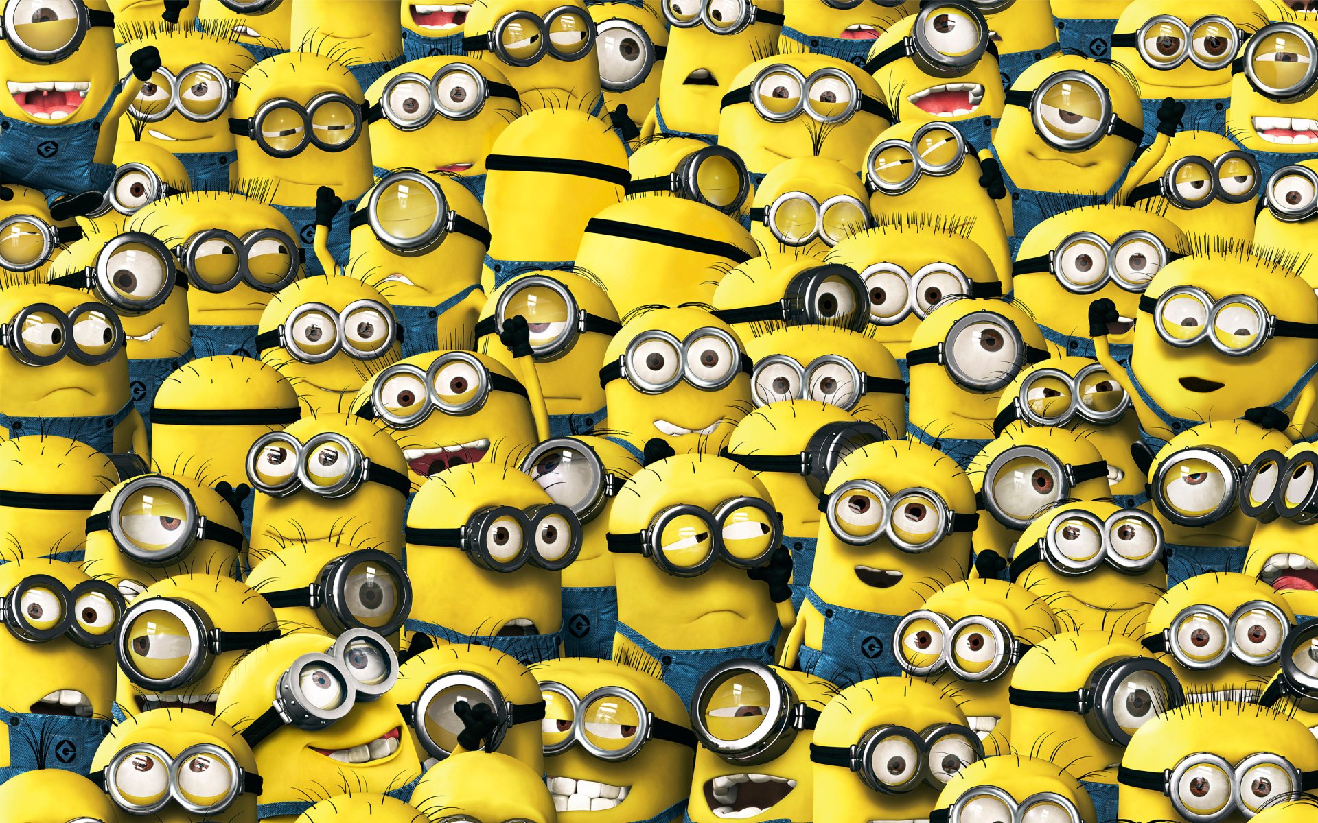 A vibrant HD desktop wallpaper featuring yellow Minions from the movie Despicable Me, all gathered together in a playful and chaotic scene, displaying their characteristic expressions and poses.