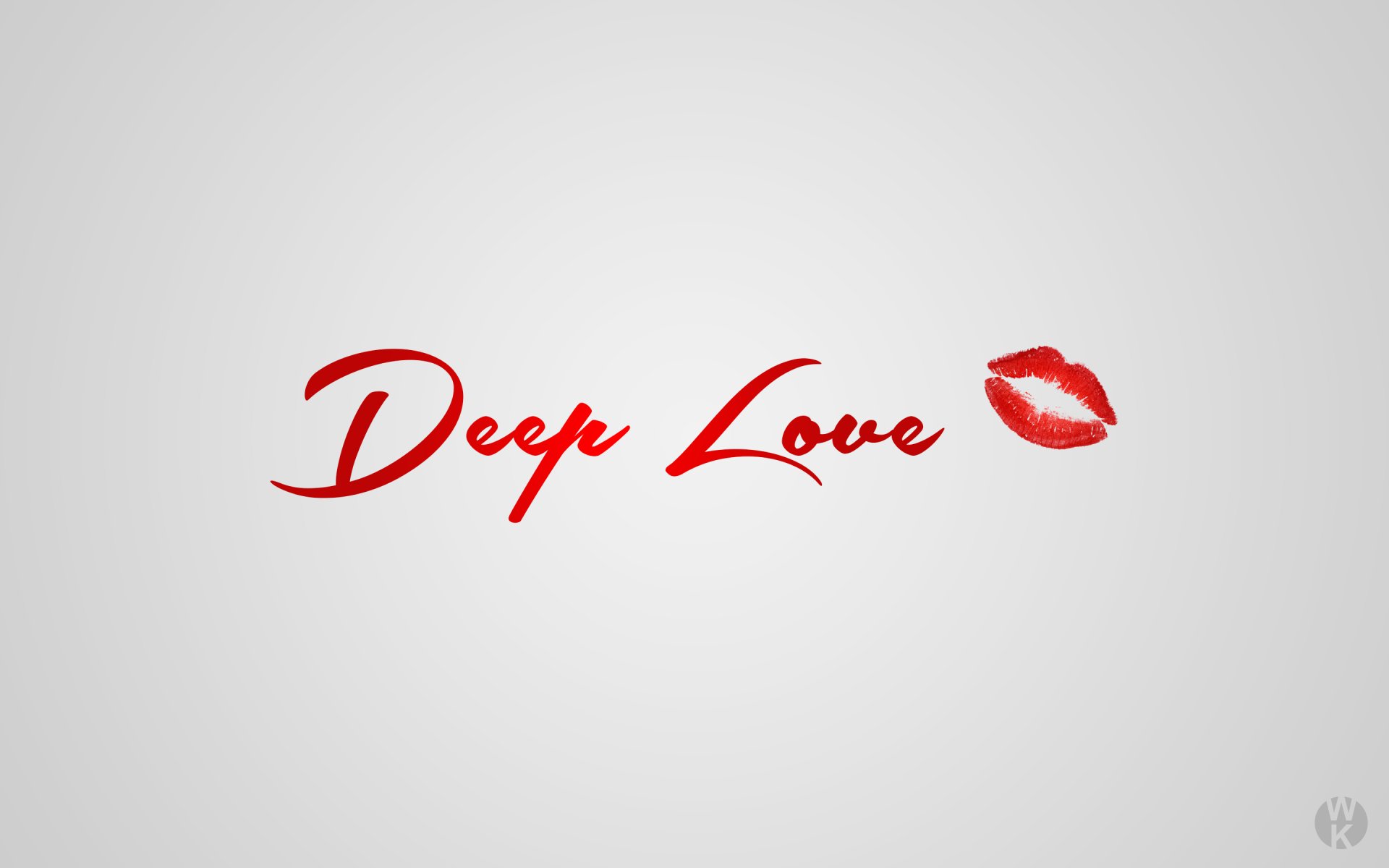 Artistic HD desktop wallpaper featuring the phrase Deep Love in elegant red script, accompanied by a red lip print, embracing themes of affection and passion.