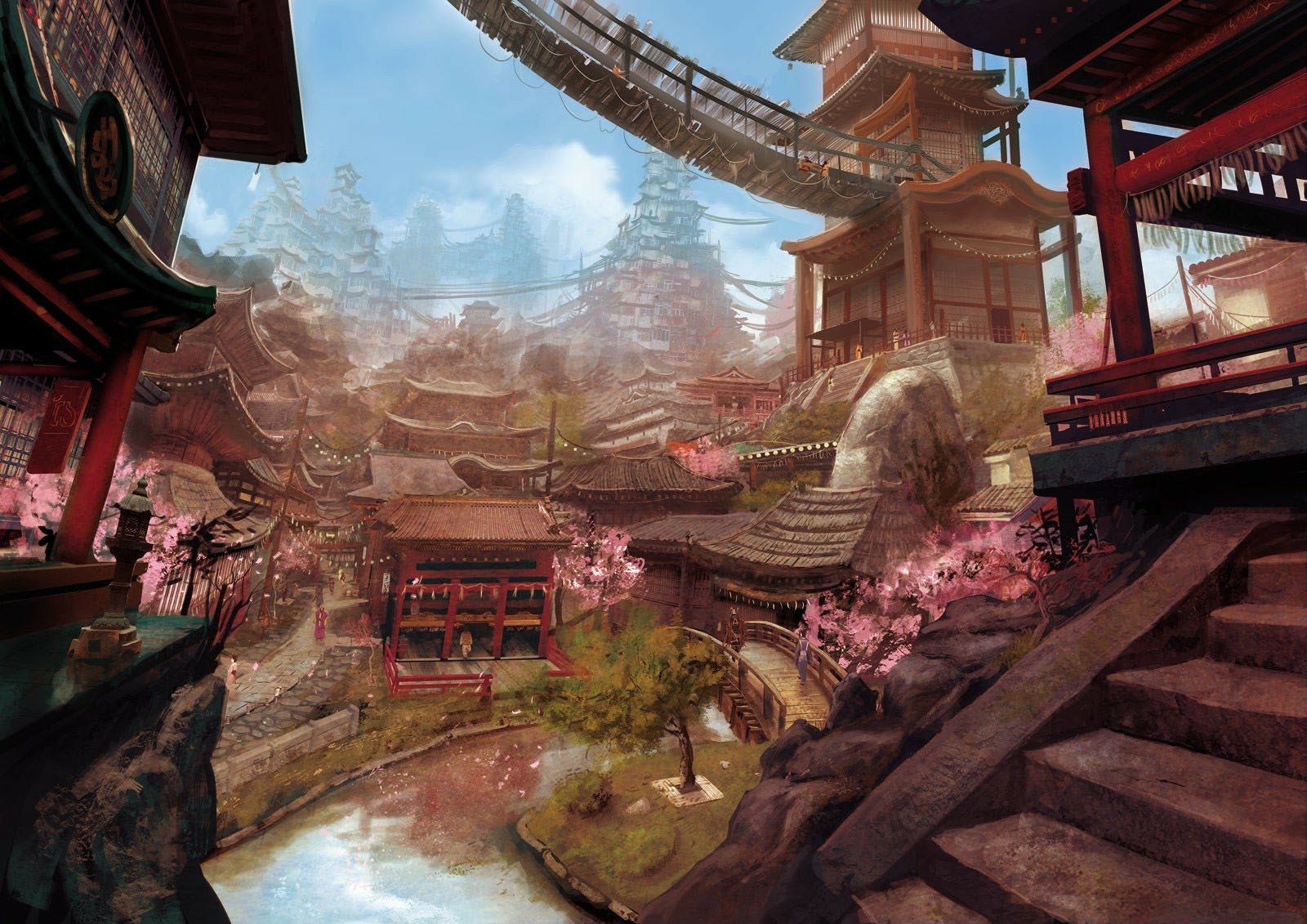 A mesmerizing fantasy cityscape featuring traditional architecture, cherry blossom trees, and tranquil water, creating an enchanting atmosphere for a HD PC desktop wallpaper.
